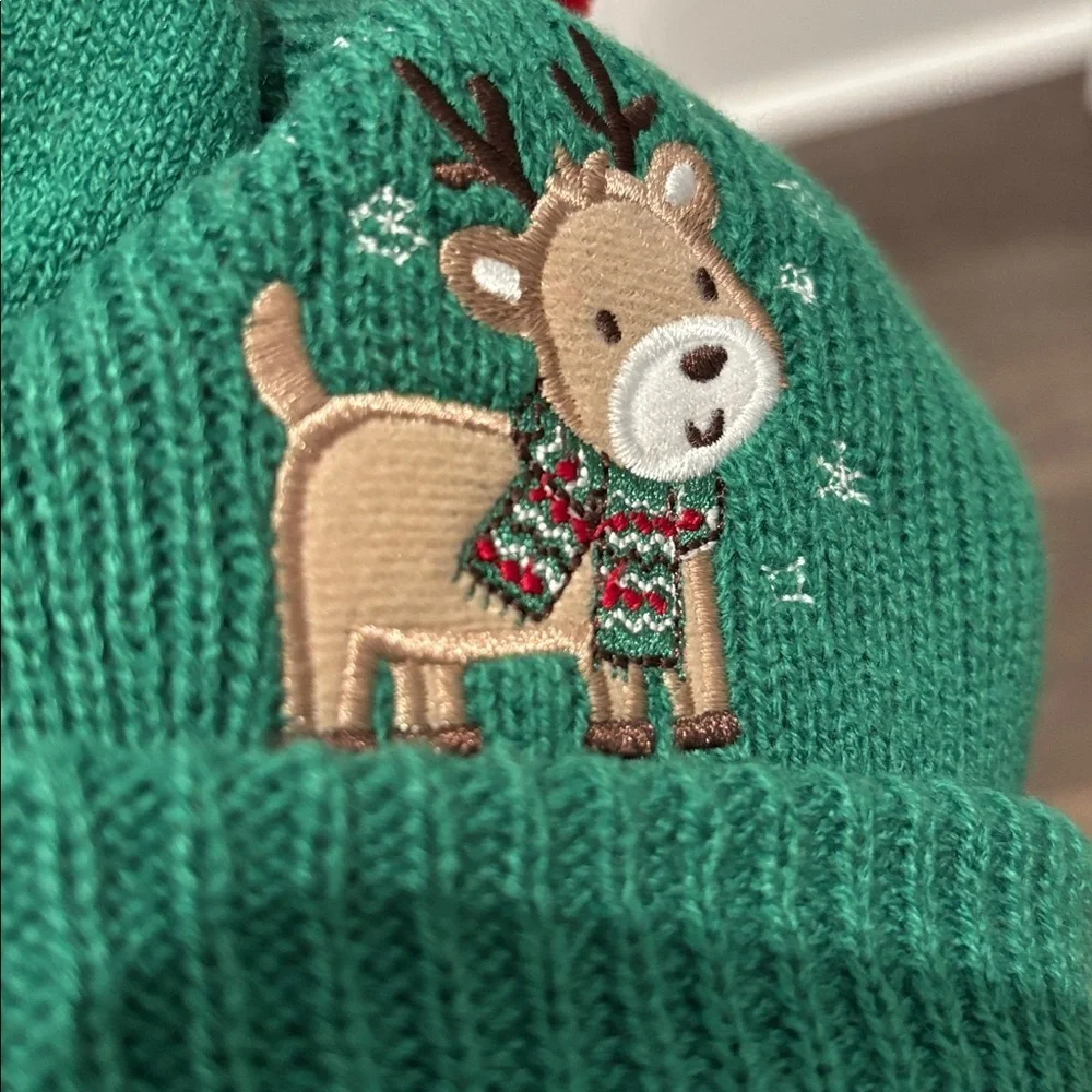 Little Me 2 pc.Pom Pom knit beanie & mittens, reindeer,snowflakes,winter holiday